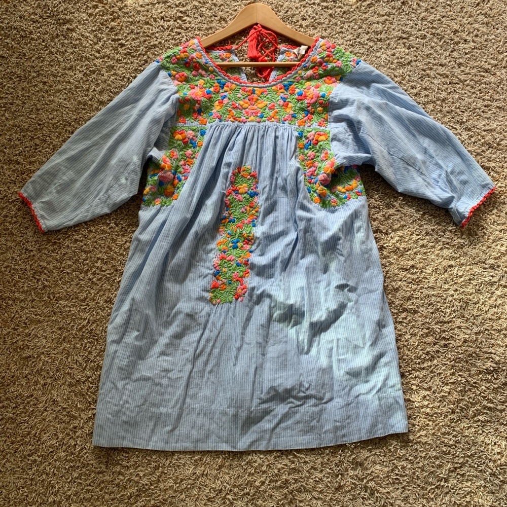 Sister Mary Marylou embroidered floral striped half sleeve Boho dress size M